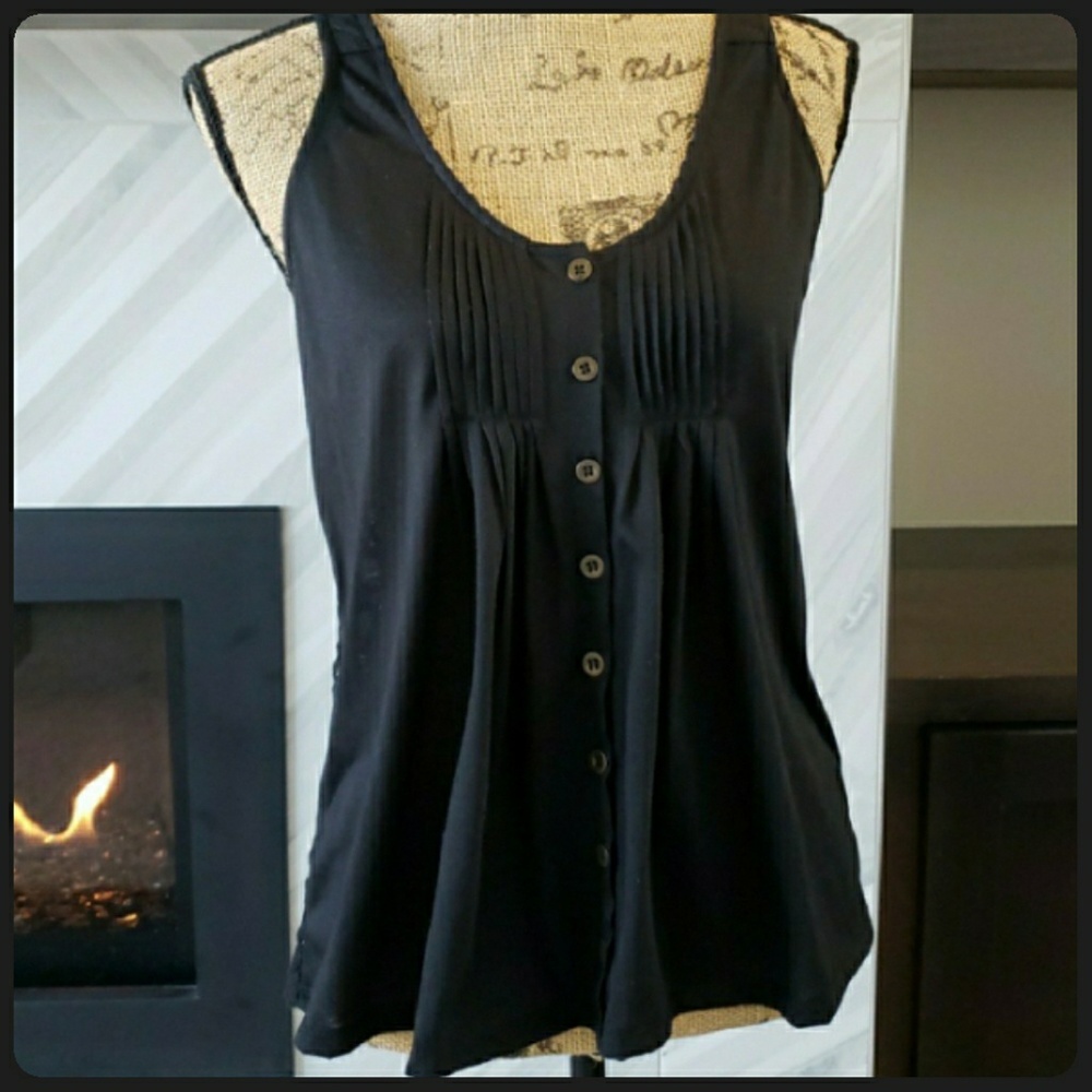 Self Esteem tank top black pleated front sheer lace back button front Size Large - Picture 1 of 5